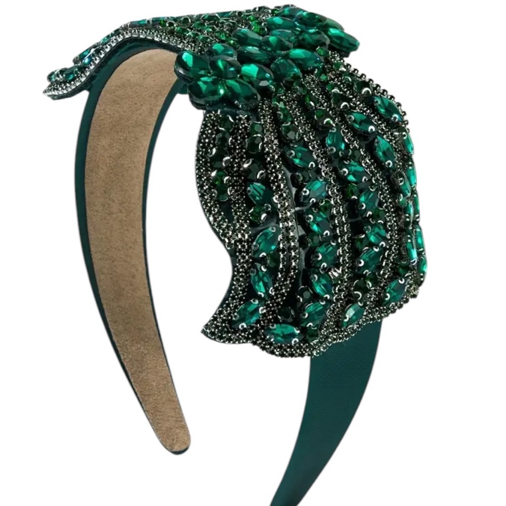 Dark Green Vintage-Inspired Rhinestone Bow Headband